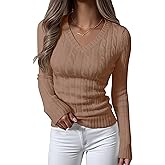 ANRABESS Womens Long Sleeve Cable Knit Sweater 2025 Fall Fashion V Neck Fitted Pullover Top Business Casual Work Fall Outfits