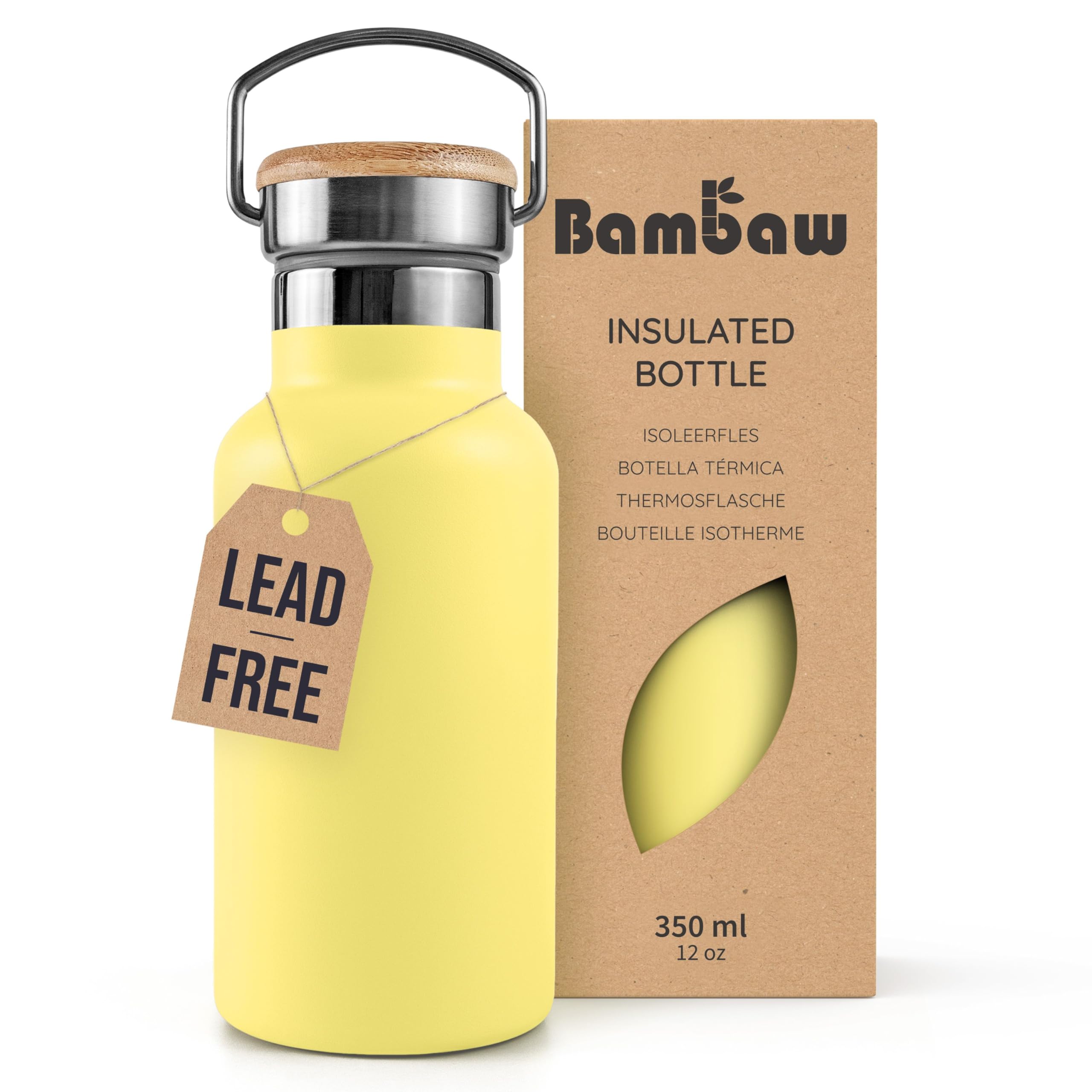 Bambaw Insulated Stainless Steel Water Bottle 350ml, for Hot & Cold Drinks, 350ml Metal Water Bottle, Wide Mouth Fits Tea Infuser, Easy to Carry & Leak-Proof for School, Gym or Sport (Yellow Beam)