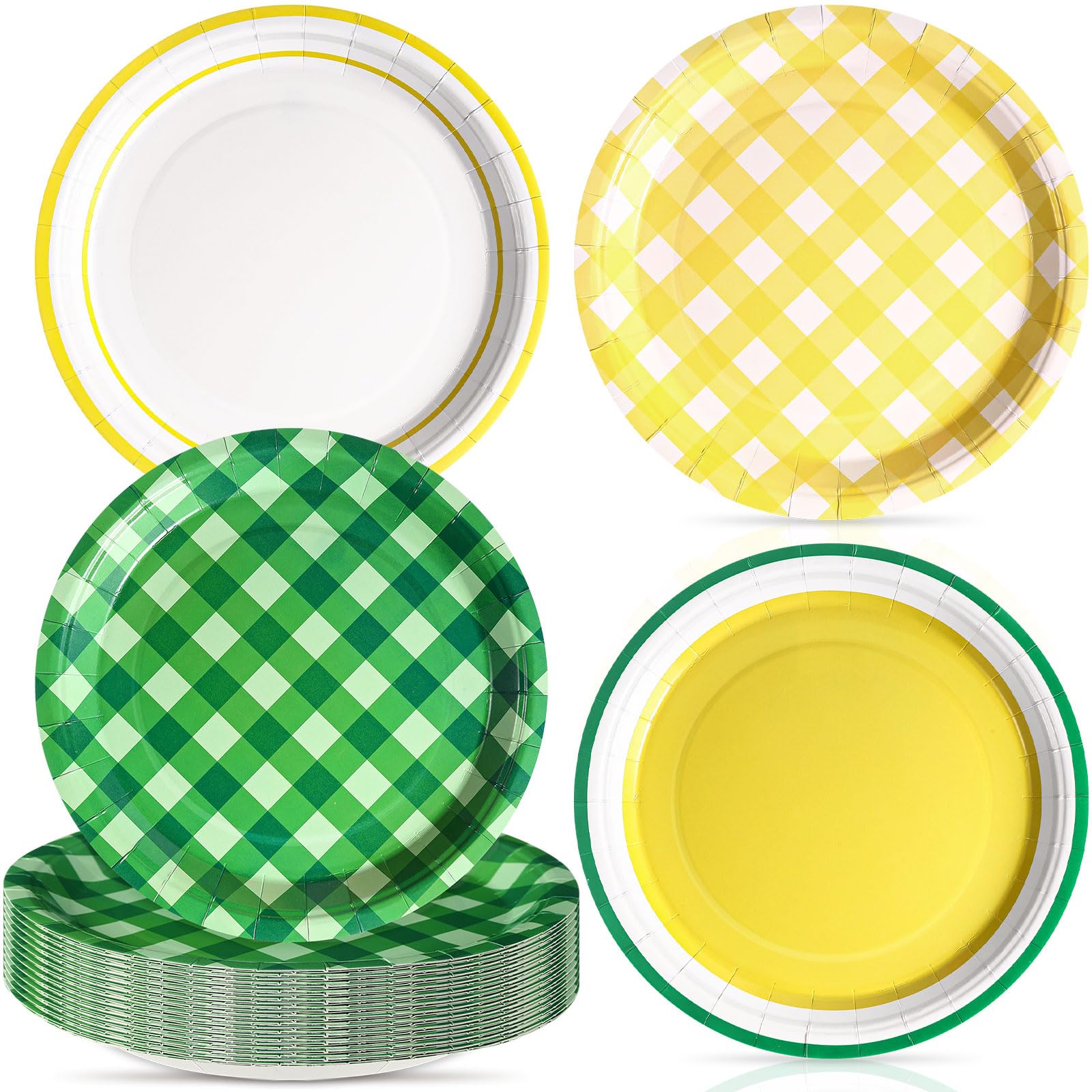 Photo 1 of Tiangrid 60 Pcs Yellow and Green Gingham Plates 9 Inch Disposable Checkered Plaid Dinner Paper Dessert Plates for Birthday Baby Shower Wedding Camping Themed Party Supplies, 4 Styles