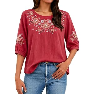 Cotton Linen Tops for Women Embroidered Gauze 3/4 Sleeve Shirts Summer Casual Loose Fit Plus Size Blouses Bohemian