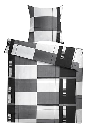 Seersucker Paar-Bettwäsche Set 'Diamante' 200 x 200 cm grau schwarz kariert - 3 tlg Bettdecke und Kopfkissen-Bezug aus 100%-B