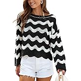 CUPSHE Women's Crochet Cover Up Long Sleeve Striped Beach Cover Up Top Summer Casual Knit Tops for Swimwear(Top Only)