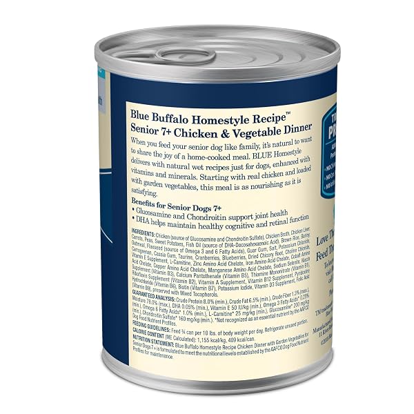 BLUE BUFFALO HOMESTYLE RECIPE SENIOR WET DOG FOOD, MADE WITH NATURAL INGREDIENTS, CHICKEN DINNER WITH GARDEN VEGETABLES, 12.5-OZ CANS (12 COUNT)