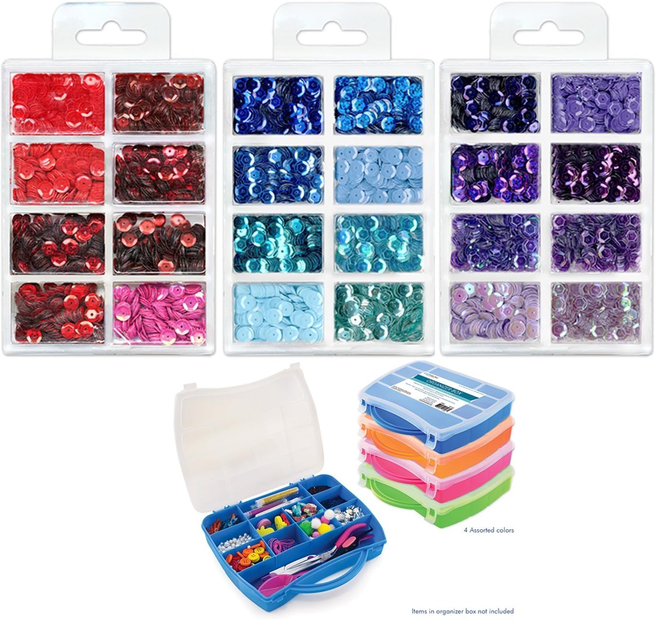 CraftMedley Sequin Bundle: 3 pkgs 7mm Cup Sequins 0.56-Ounce each - BLUE: RED: VIOLET plus Storage box