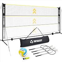 Patiassy 5.1ft-7.4ft Adjustable Height Volleyball Badminton Net Set 17ft Portable Sports Net with Poles, 4 Badminton Rackets,