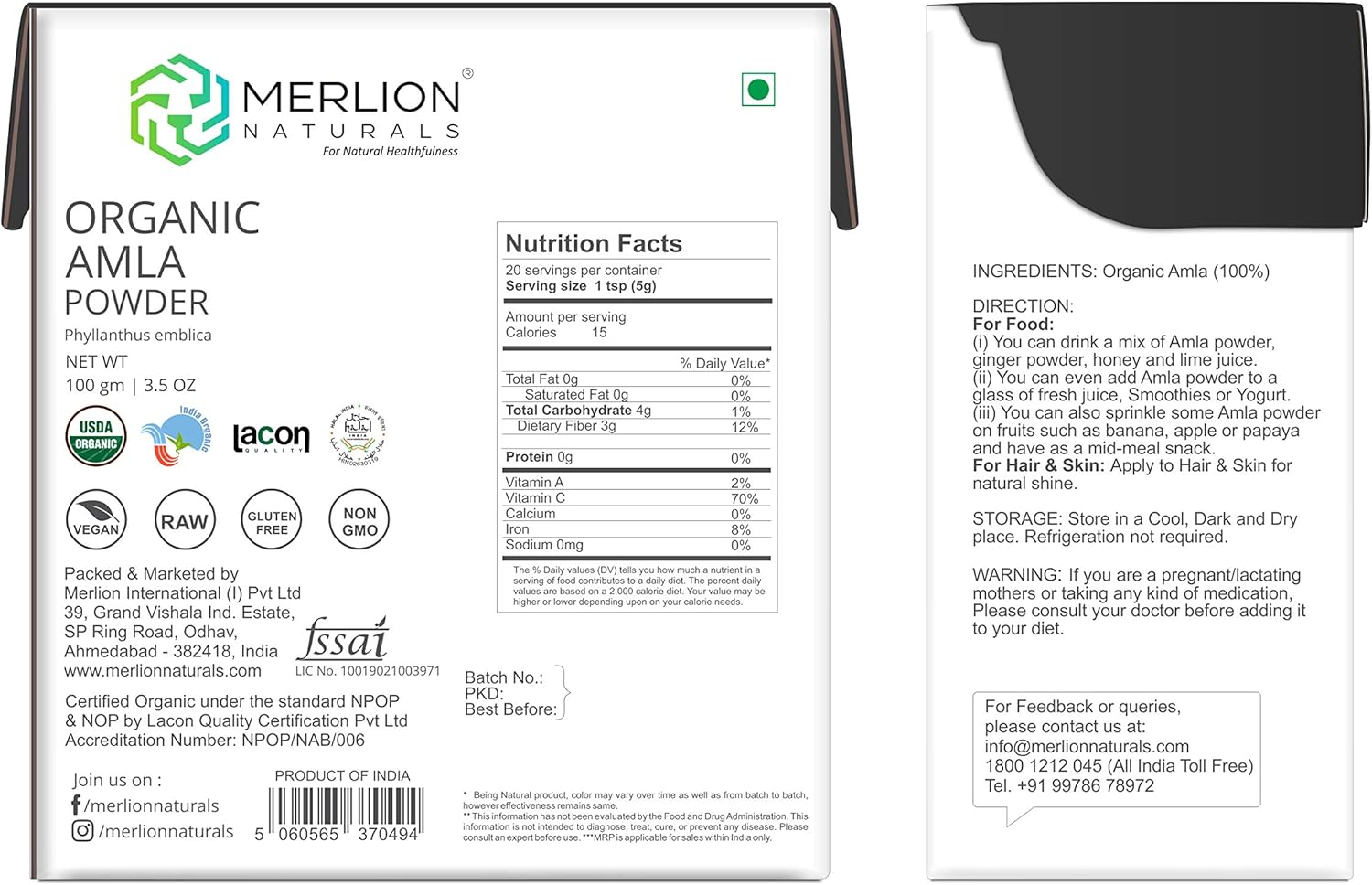 Organic Amla Powder by Merlion Naturals |Superfood | Phyllanthus Emblica | NPOP India and USDA NOP Certified 100% Organic | Supports Immunity (3.5 OZ): Health & Personal Care