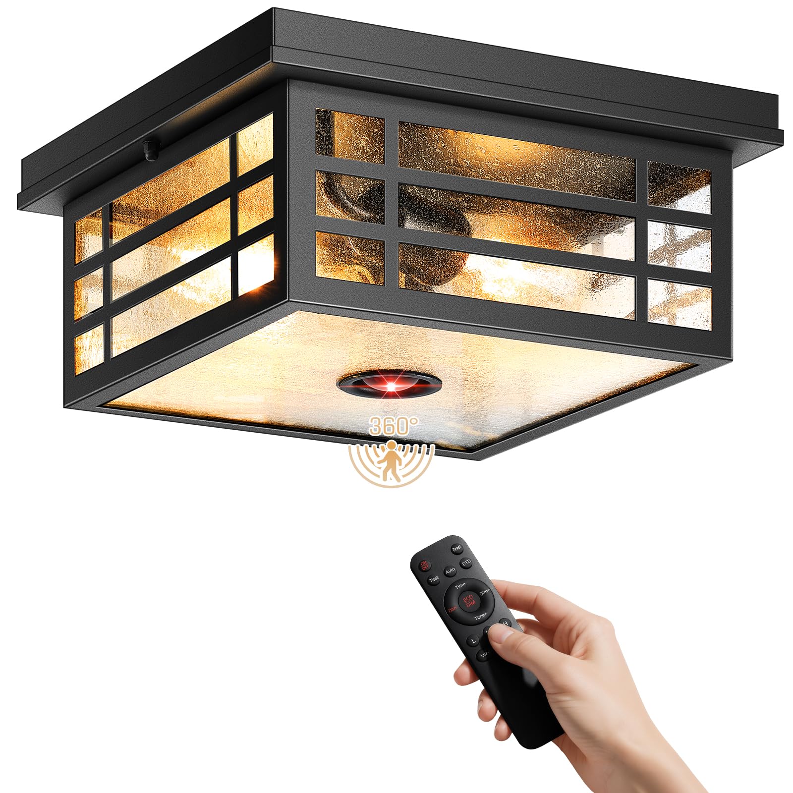 Photo 1 of ***SOLD FOR PARTS***OPAXIS Motion Sensor Outdoor Ceiling Light with Remote Control, Black Modern Front Porch Lighting with Seed Glass, Outside Flush Mount Lights for Garage, Entryway, Square, Distance and Time Adjustable