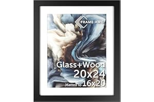 Frame Amo 20x24 Black Solid Wood Poster Frame, White Mat for 16x20 Image, Tempered Glass Front, 1.5 inch Wide, 1 inch Thick, High-End, Substantial, Gallery Grade & Acid-Free
