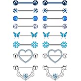 NICEIGHT 8 Pairs 14G Surgical Steel Nipple Rings for Women - Heart, Butterfly, Flower CZ Barbell Piercing Jewelry