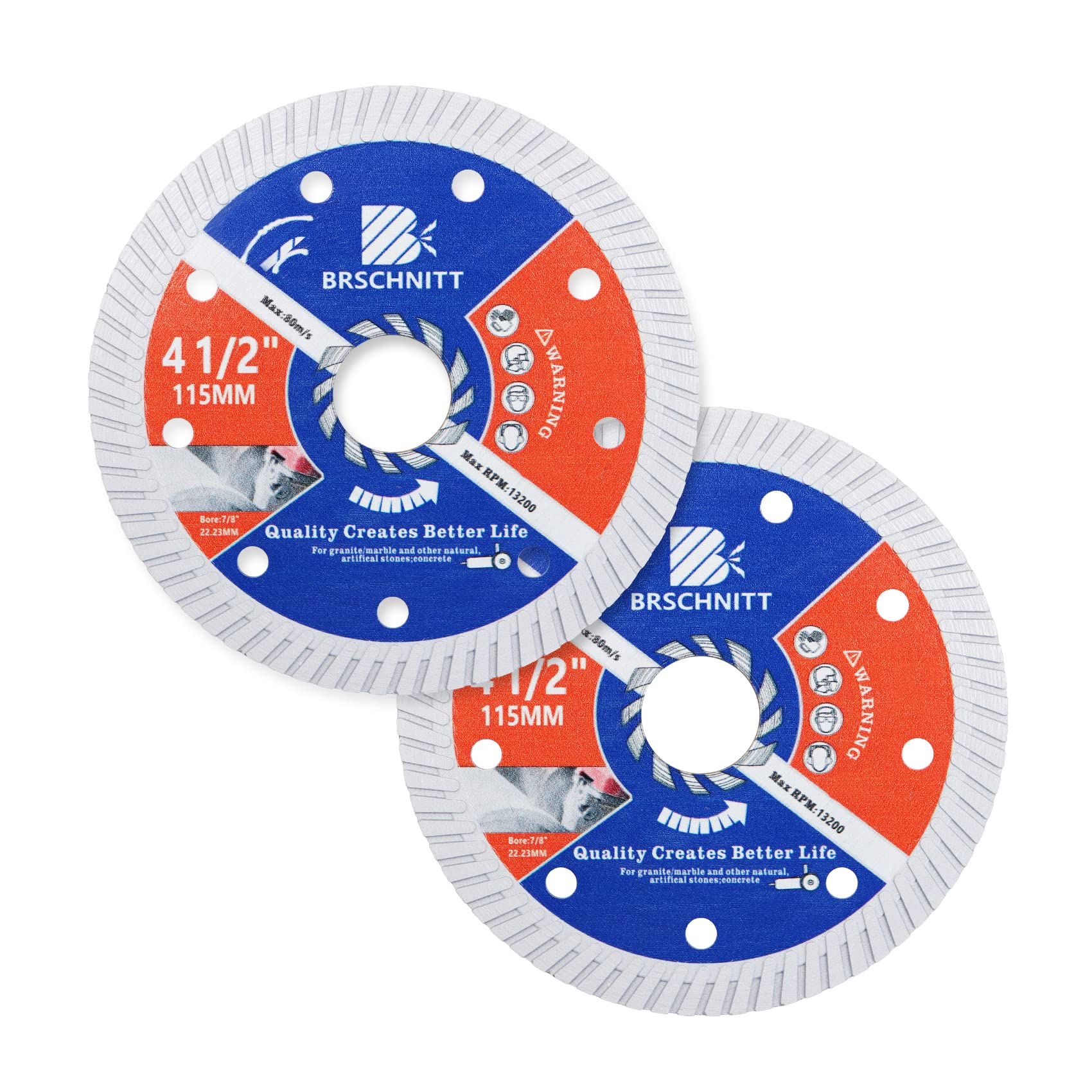 BRSCHNITT Diamond Disc for Concrete Masonry,2pcs 115mm with Arbor 22.23mm Dry/Wet Continuous Rim Diamond Cutting Disc for Granite Marble Stone Hard Concrete Reinforced Concrete