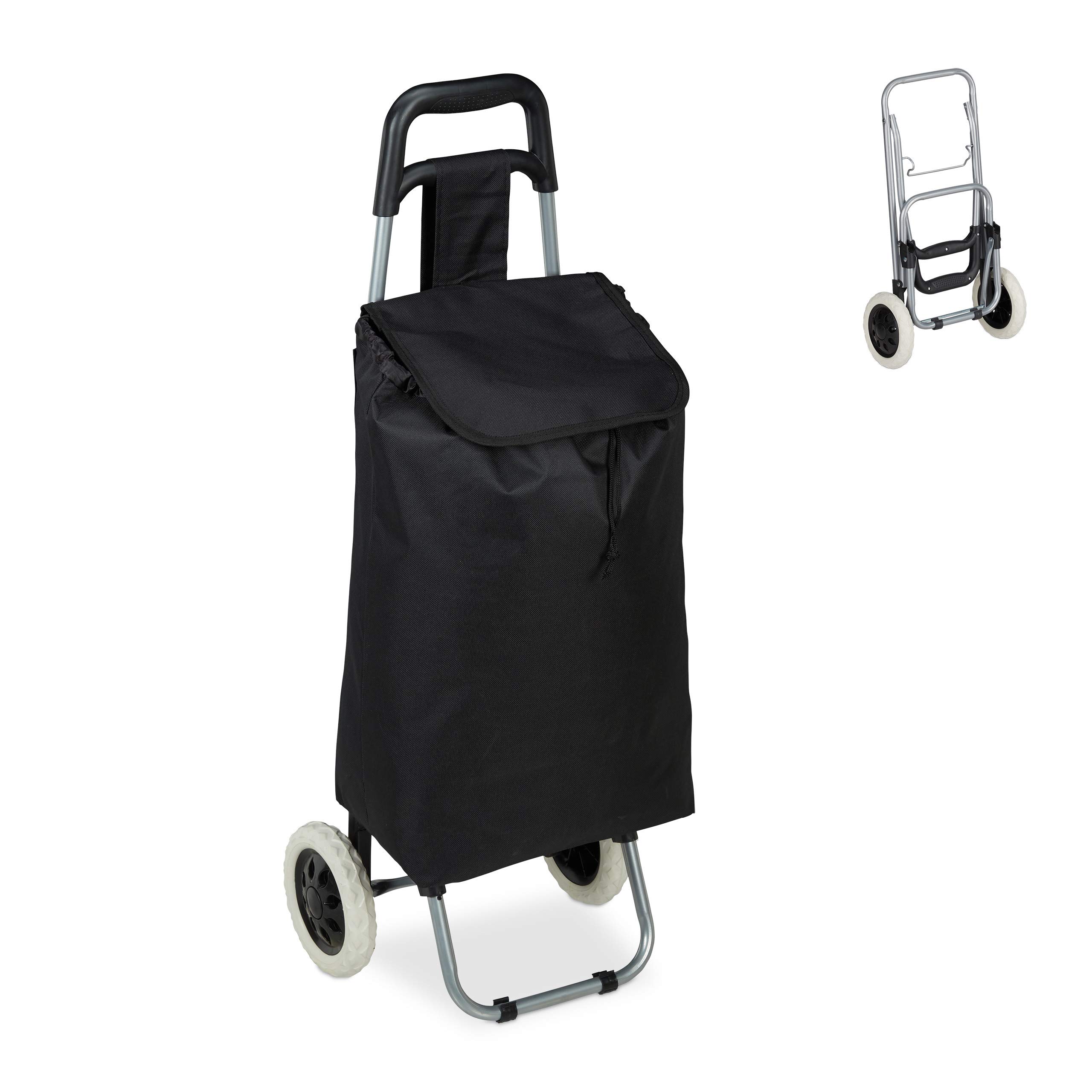 Relaxdays Shopping Trolley, Folding, 25 L Grocery Tote with Casters, 10 kg Capacity, 91 x 40 x 30 cm, Black, Polyester, Pack of 1