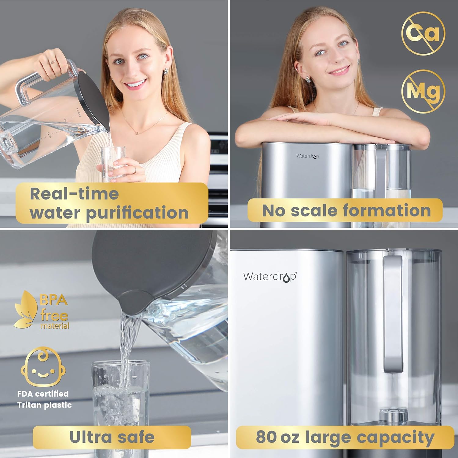Waterdrop Countertop RO Reverse Osmosis Drinking Water Filtration System with Portable Water Pitcher, 5 Stages All-in-One RO Water Filter, TDS Reduction, Tankless, No Electricity, No Pump, Gray - - 