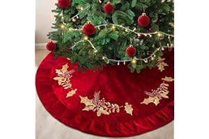 Vertintong 48 inches Velvet Christmas Tree Skirt Red Wine Gold Fur Plush Tree Skirt Luxury Xmas Skirts for Merry Christmas Party Vintage Holiday Decorations(Red with Gold Embroidered Holly)