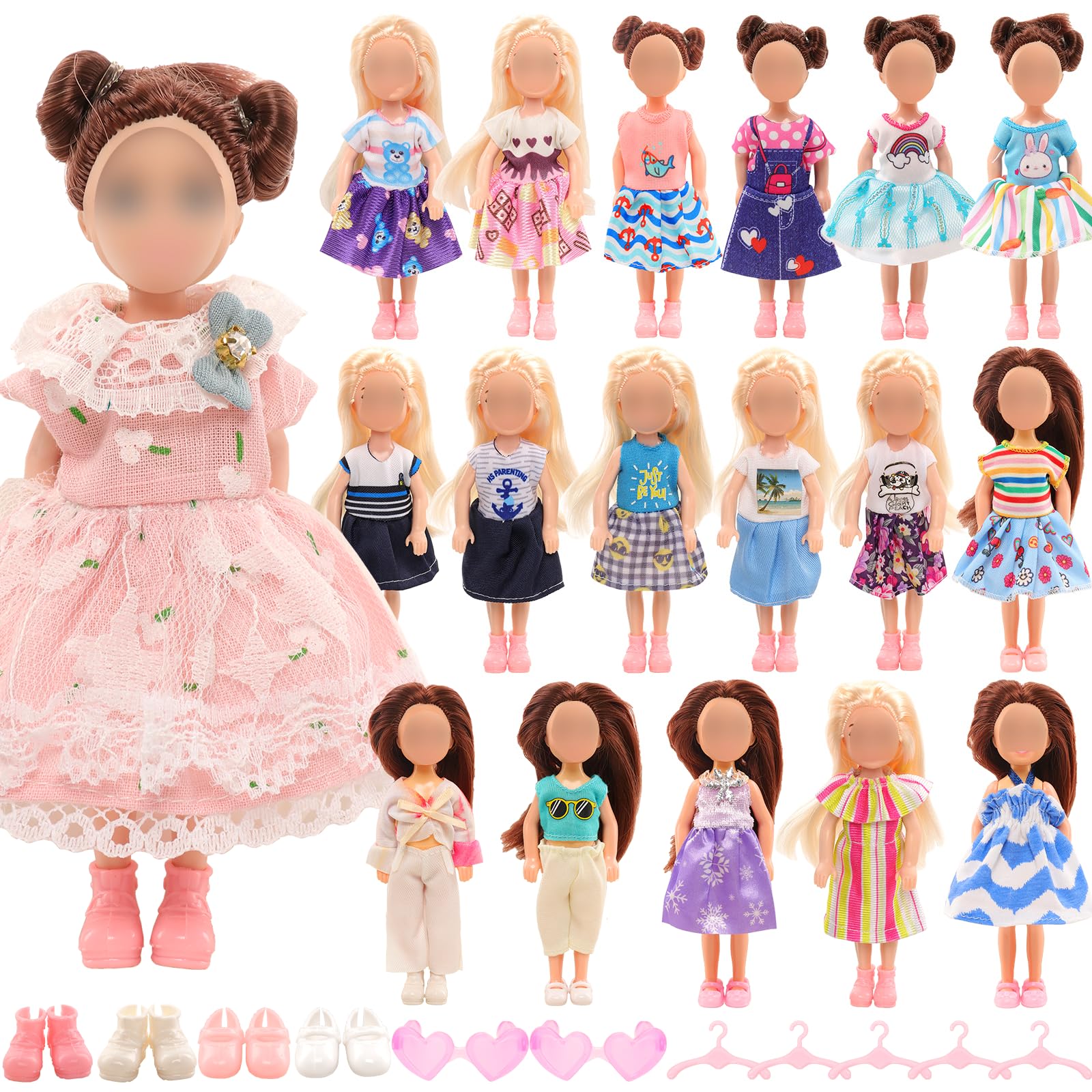 Miunana 25 PCS 5.3 Inch Girl Doll Clothes Dress Outfits and Shoes with 4 Pairs of Shoes for 4-6 Inch Girl Dolls Clothes and Accessories Doll Top and Pants Wings