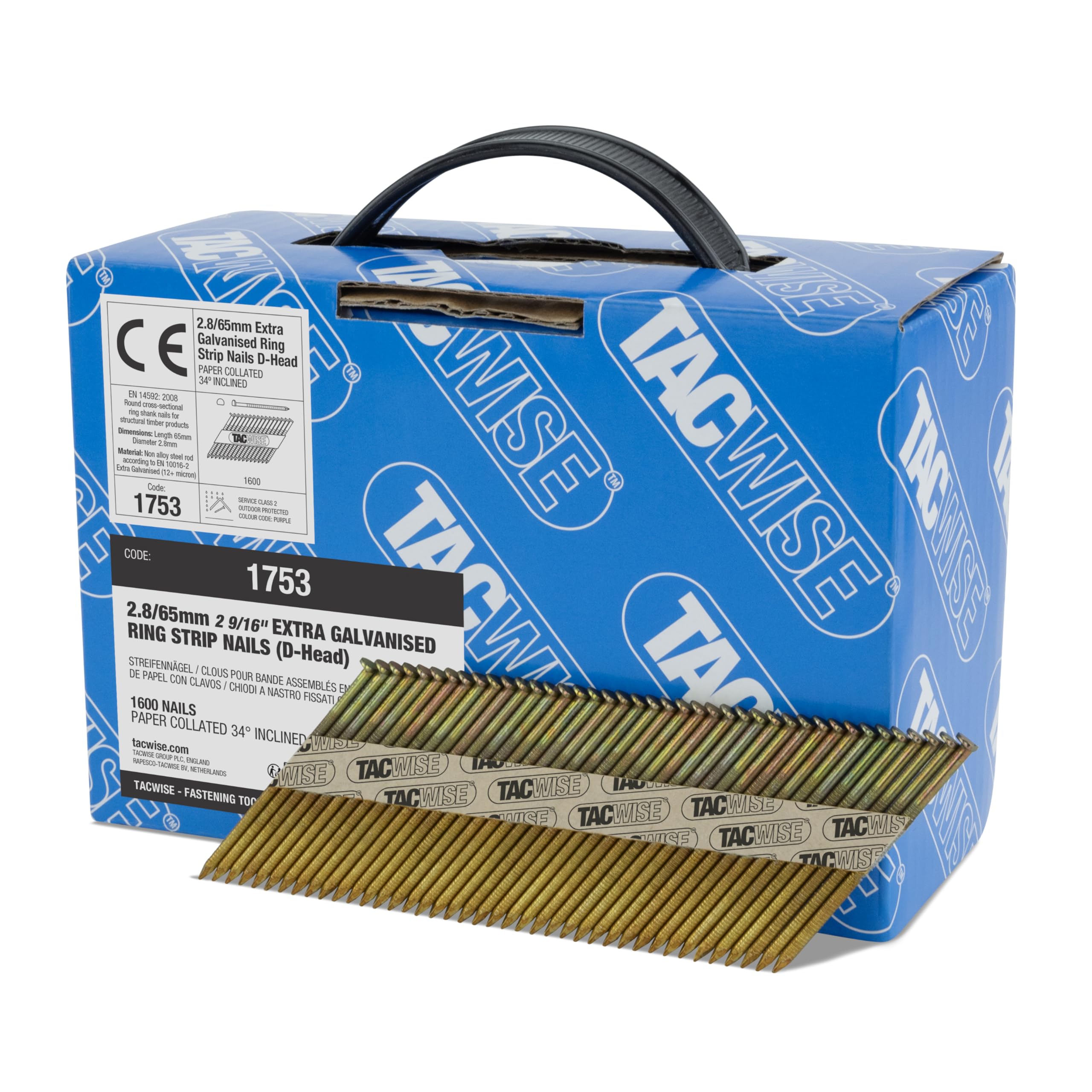 TACWISE 1753 Extra Galvanised Framing Nails 2.8/65 mm, D Head, Ring Shank, 34° Inclined, Paper Collated, Pack of 1600, Silver