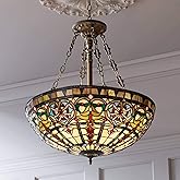 Robert Louis Tiffany Pendant Light Fixture - 4 Light, Ornamental Stained Glass Bowl, Bronze Rustic Tiffany Pendant Light for 