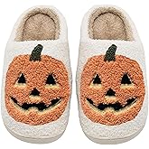 ULEL Halloween Pumpkin Slippers for Womens Mens Plush Warm Spooky Lantern Pumpkin Slippers House Shoes