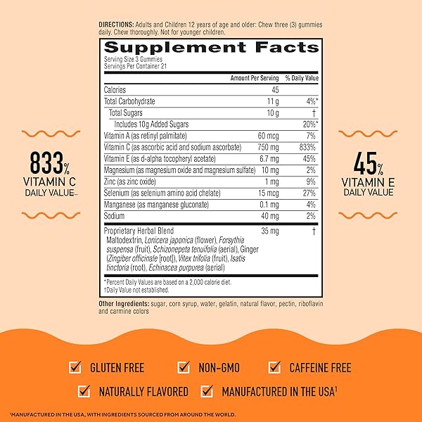 AIRBORNE 750MG VITAMIN C GUMMIES FOR ADULTS, IMMUNE SUPPORT GUMMIES WITH POWERFUL ANTIOXIDANTS VIT C & E, CAFFEINE FREE – 2X63CT BOTTLE (42 SERVINGS), ASSORTED FRUIT FLAVOR