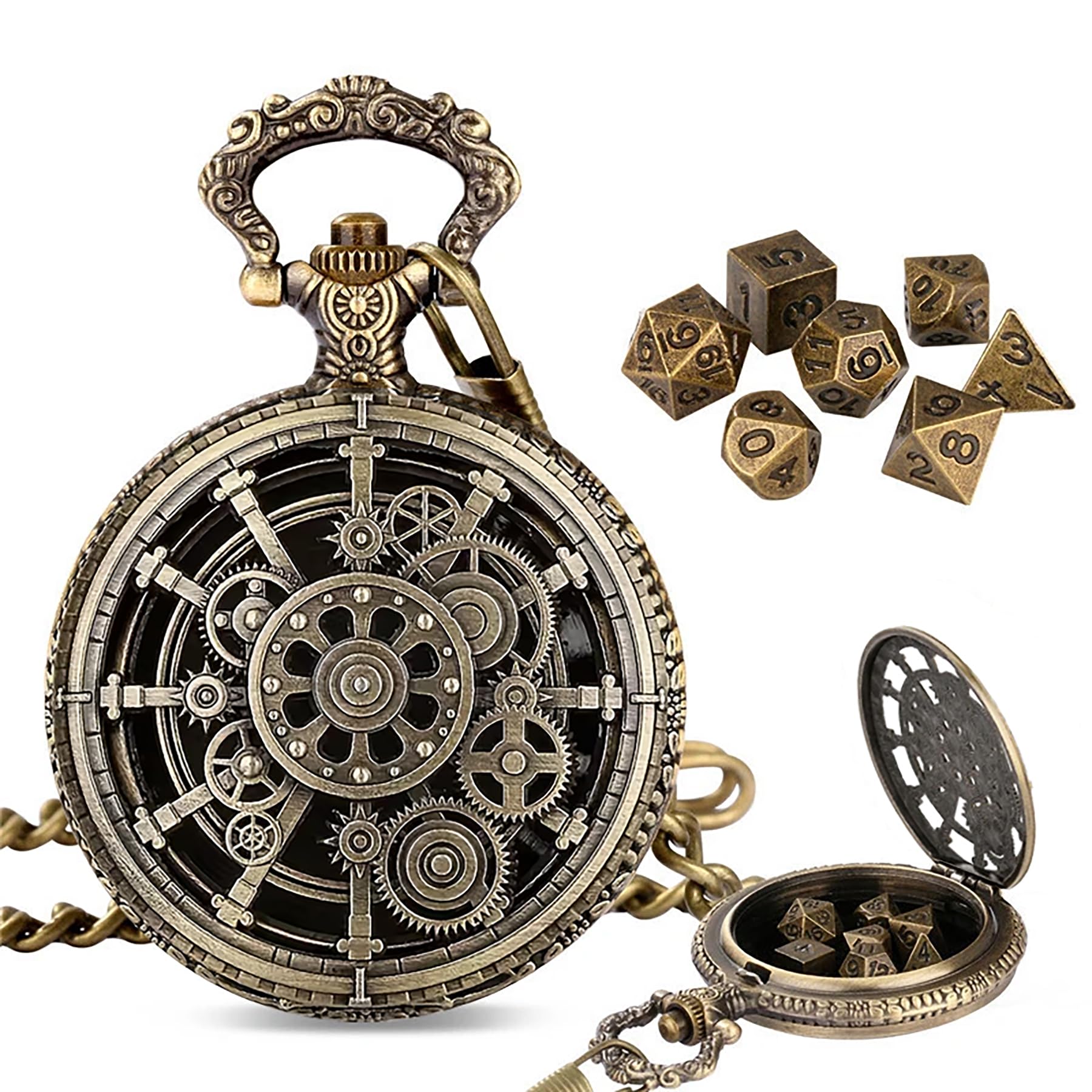 Mini DND Dice Set with Steampunk Bronze Gear Pocket Watch Shell Case, 7pcs Polyhedral Metal Dice Set with Chain, DND Beginner Set, Role Playing Board Games Accessories D&D Xmas Gifts