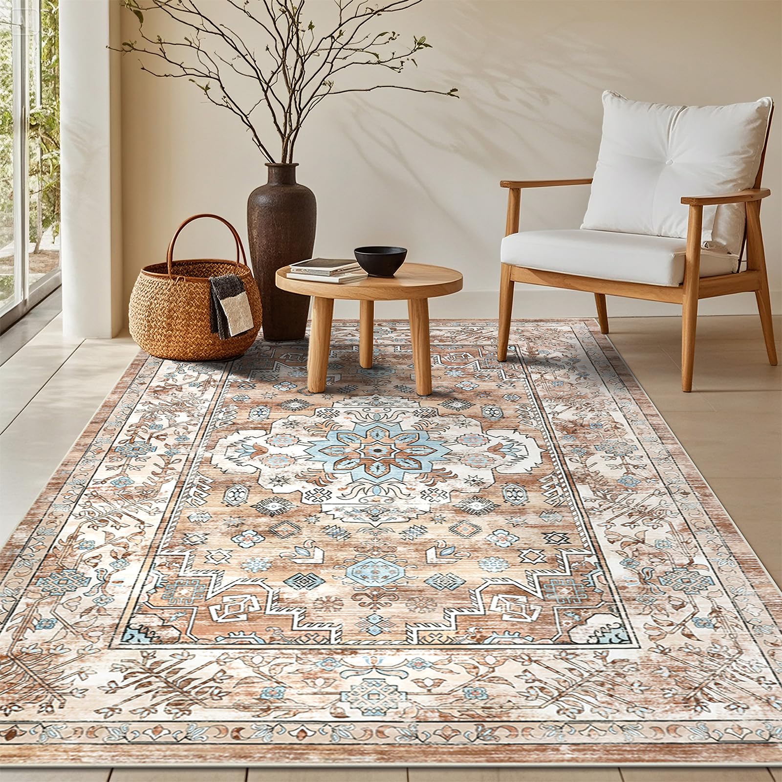 Enyhom Living Room Rugs 90 x 150 cm, Machine Washable Area Rug Vintage Non Slip Carpet Soft Short Pile Boho Floor Carpet Rug for Bedroom Dining Room Kitchen