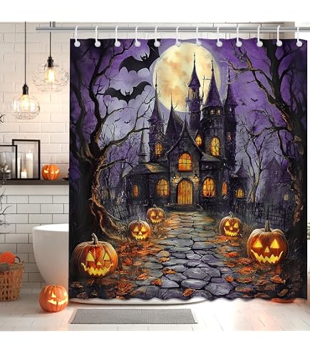 Vintage Halloween Shower Curtain - Skull Pumpkin Spooky Cat Ghost Castle Design 70x70 Inch With Hooks