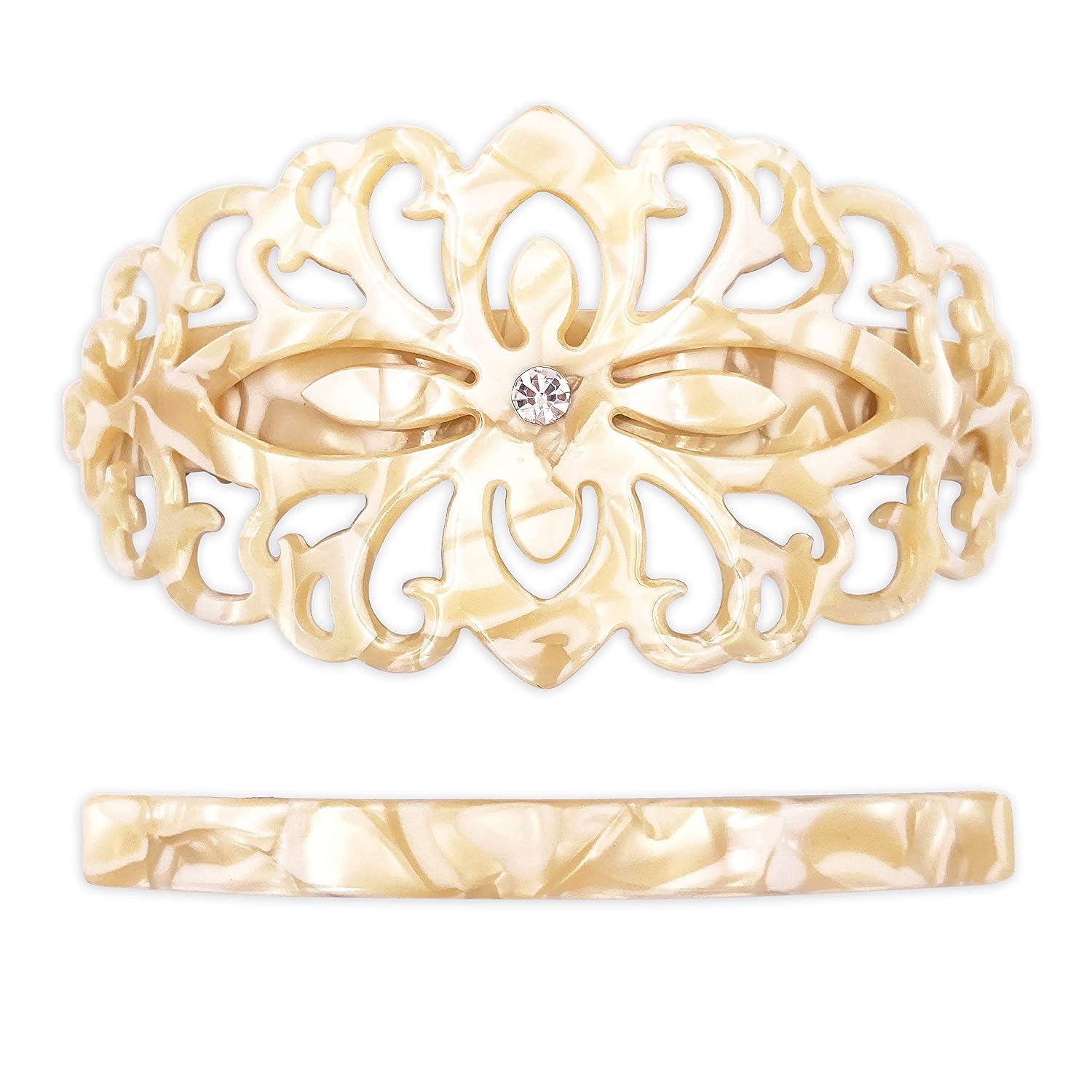 Strong Large Hair Barrette Set For Thick Hair Ivory White Marble Filigree for Women : Beauty