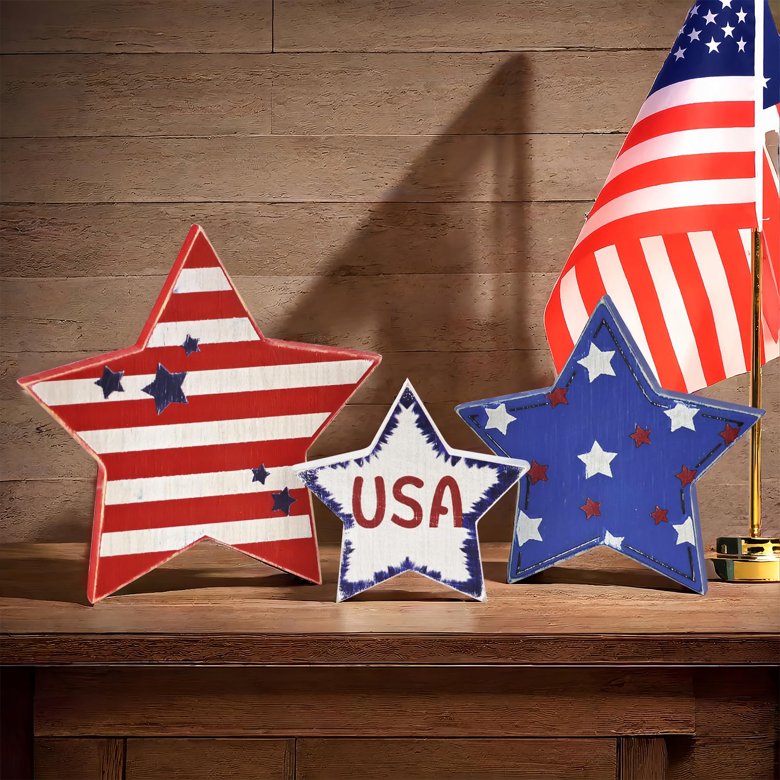 View 1 of PICTTY 4th of July Decorations Patriotic Decor, Rustic July 4th Wooden Star Sign 3PC, Vintage Americana Decor Memorial Independence Day Table Home School Stars Wood Set, Farmhouse Red White Blue