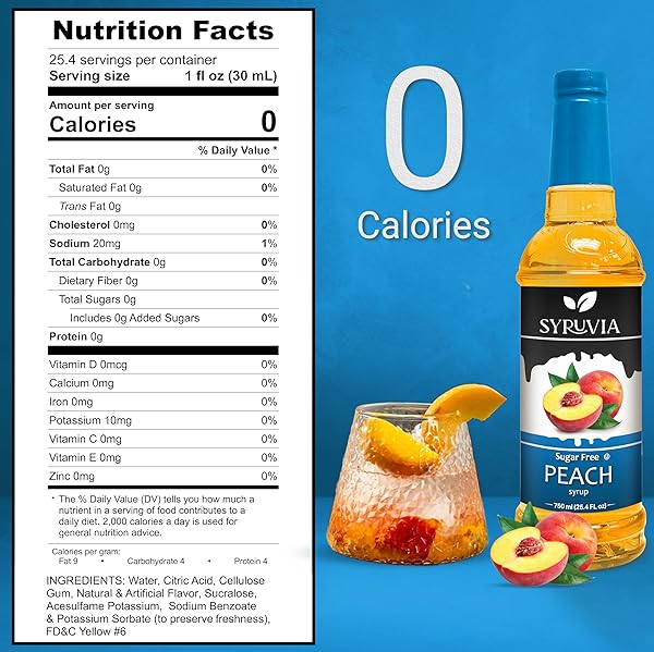 SYRUVIA SUGAR-FREE PEACH SYRUP, FLAVORED SYRUP FOR DRINKS, COCKTAILS, LEMONADES, ICED TEAS, AND DESSERTS – 25.4 FL OZ