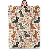 Cute Dachshund and Flower Throw Blanket, Lightweight Warm Watercolor Sausage Dog Flannel Blanket, Home Decor and Gifts, Soft Cozy Blankets for Women Kids Pet Lovers, 50"x60" for Bed Couch Travel