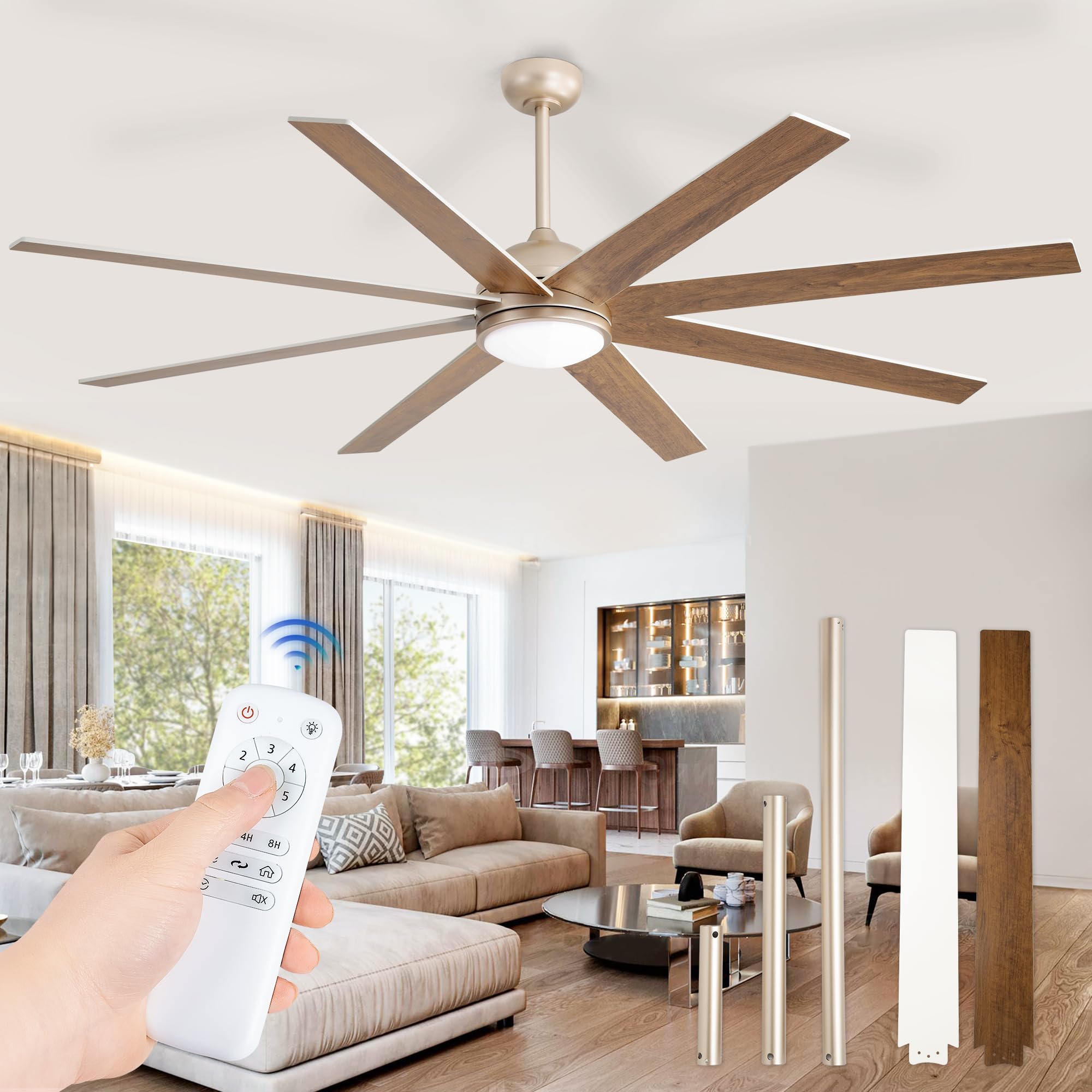 Photo 1 of ***MISSING 2 BLADES -SELLING AS PARTS ONLY*** Fanbulous Ceiling Fans with Lights, 72 inch Large Ceiling Fan with Light and Remote, Champaign Gold Ceiling Fan for Living Room Patio, 6 Speeds, Reversible Quiet DC Motor, 3 CCT, Bi-color 6 Blades
