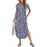 WNEEDU Womens Summer Dresses Casual Loose Short Sleeve Long T Shirt Dress Split Maxi Beach Sundress Travel Vacation Outfits