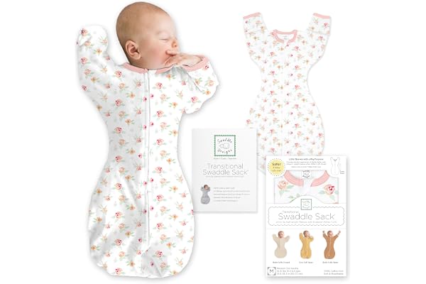 SwaddleDesigns Transitional Swaddle Sack, Cotton, Watercolor Floral, 3-6mo | Arms Up Half-length Sleeve Partially Suppress Mo