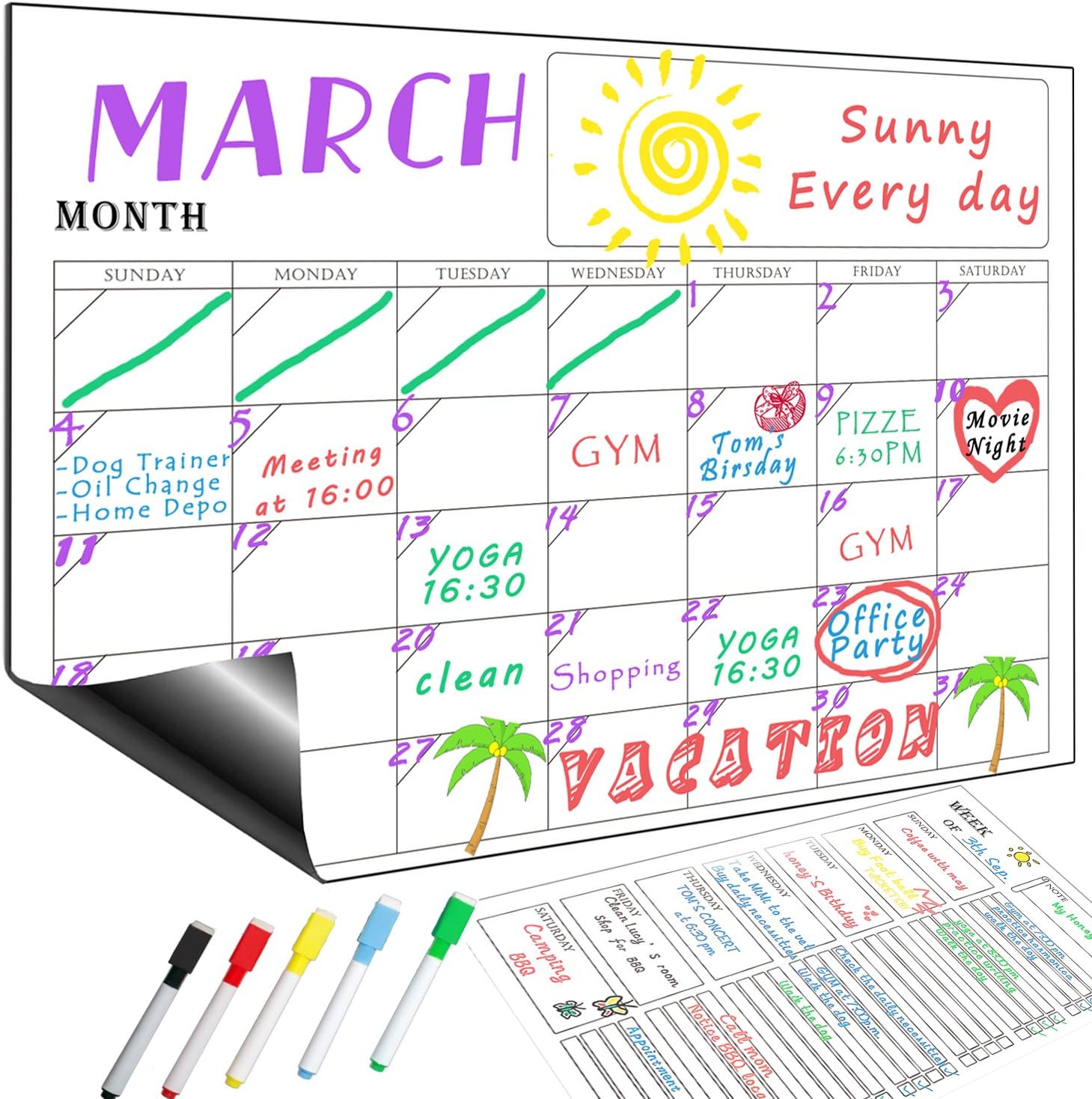 Magnetic Weekly and Monthly Calendar Whiteboard Smart Planner Memo for Kitchen Refrigerator Set (2 pack)