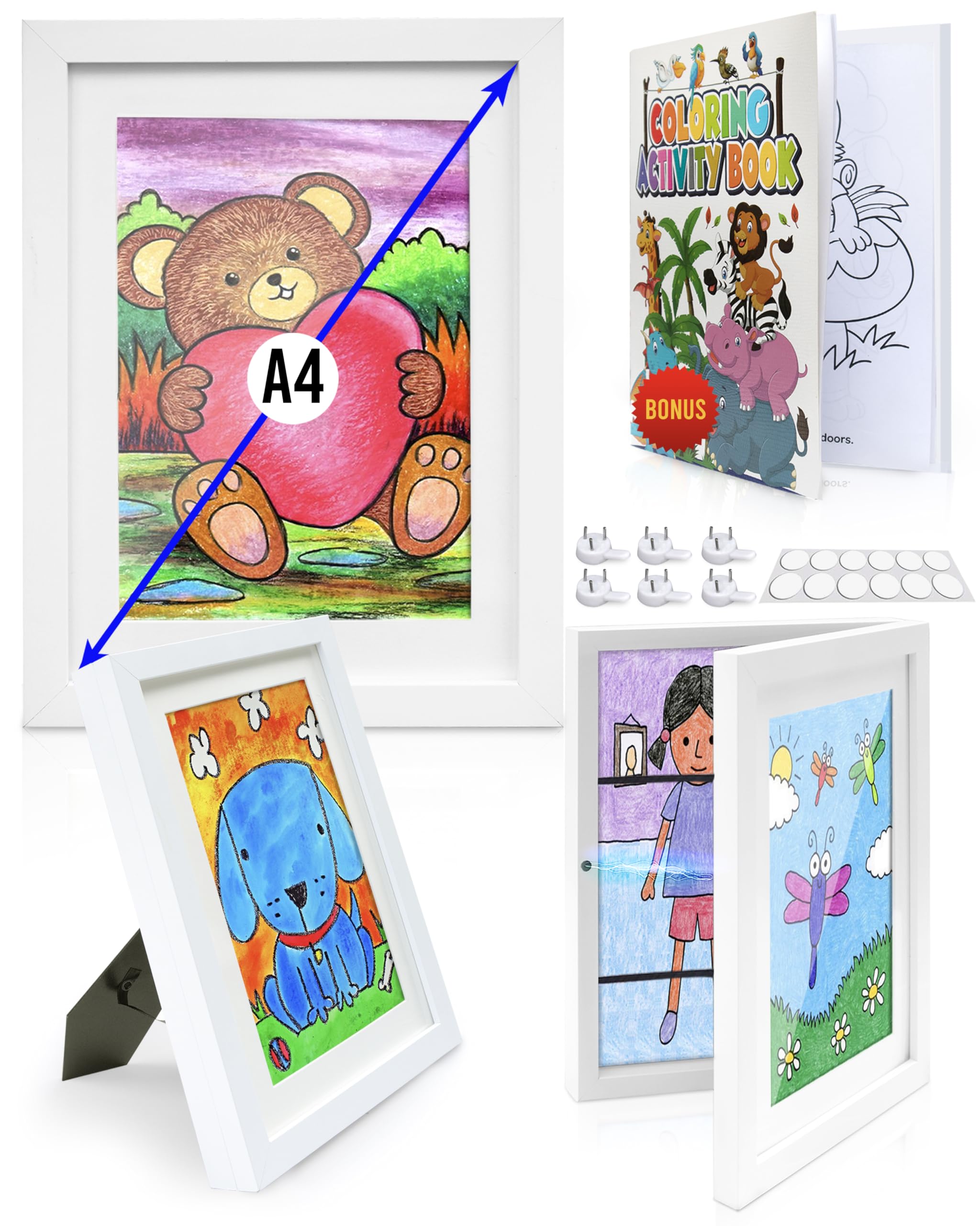KidGallery Kids Artwork Display Frames A4 – Set of 2 White Kids Art Frames – Includes Colouring Book – Easy, Organized Storage of Drawings – Creative Gift for Personalised and Practical Decoration