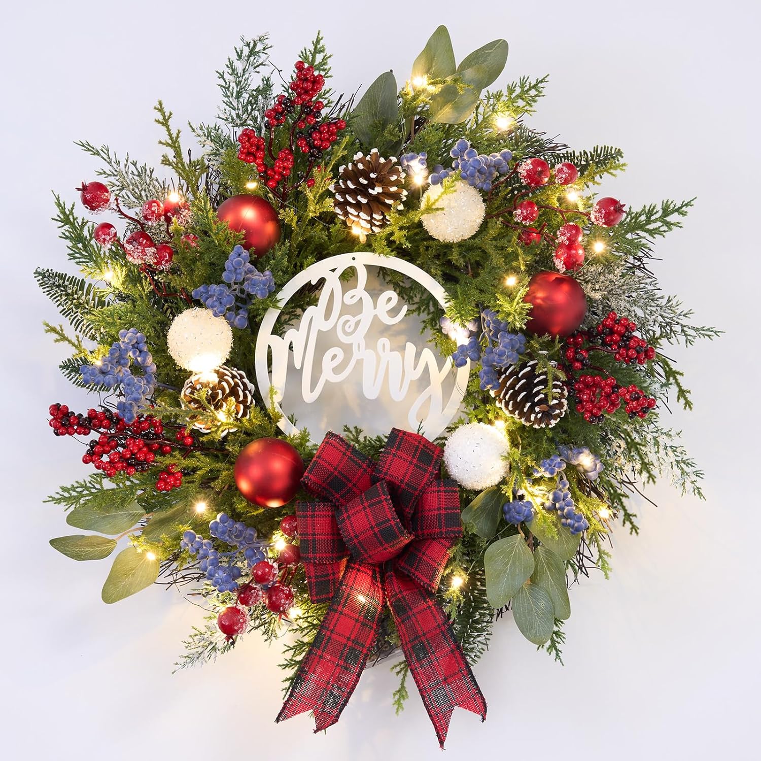 Wreaths, Garlands & Swags - Prelit Christmas Wreath for Front Door Outside,22 inch Be Merry Wreath with red Black tarten Plaid Bow,Lighted Farmhouse Christmas Decoration with 30 LED,Winter Door Wreath,Christmas Porch Decor