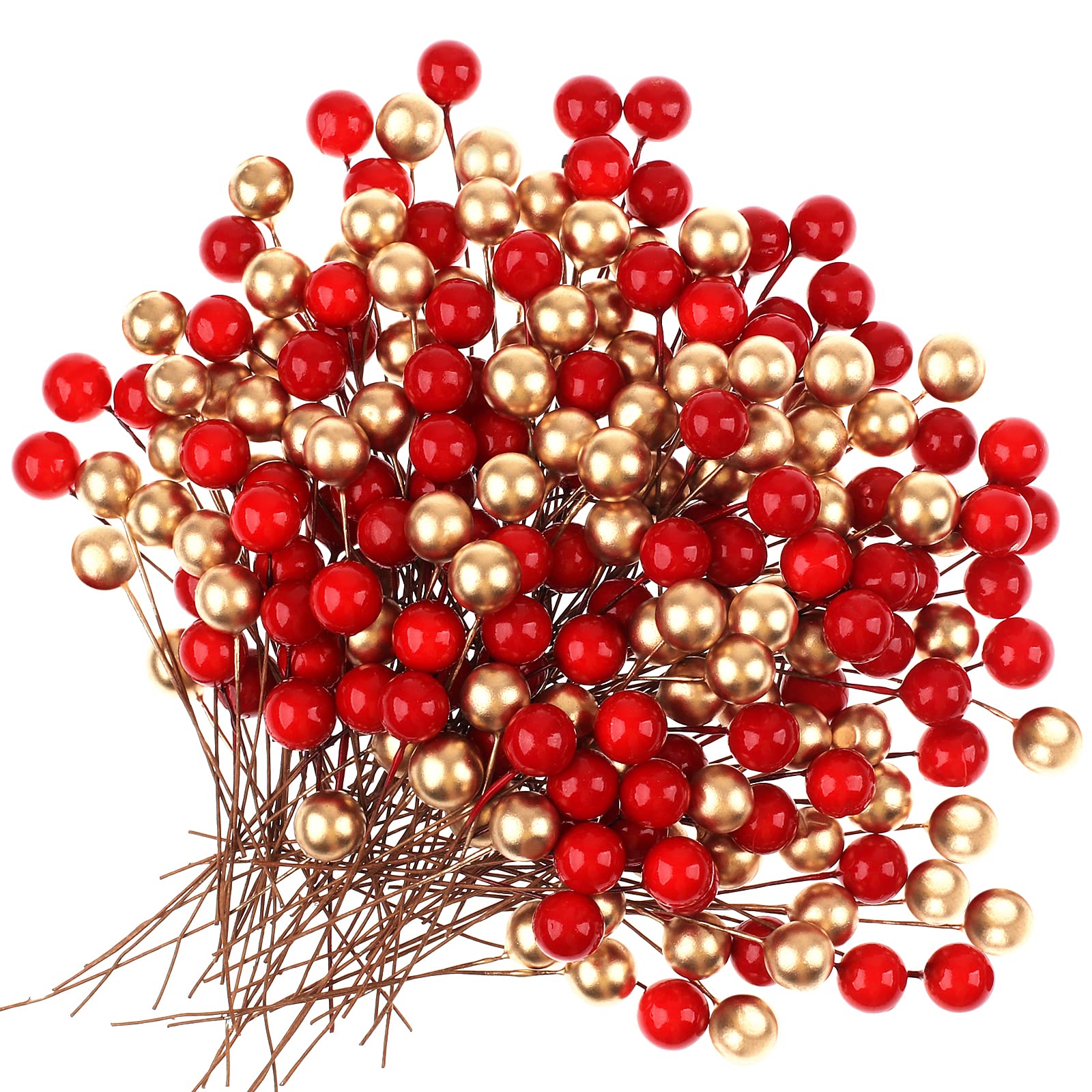 Weysoo 100Pcs Christmas Holly Berries, Artificial Gold Berries and Red Fake Berry for Christmas Tree Ornaments,Wreath Making Supplies,Xmas Party Decorations (RED+GOLD)