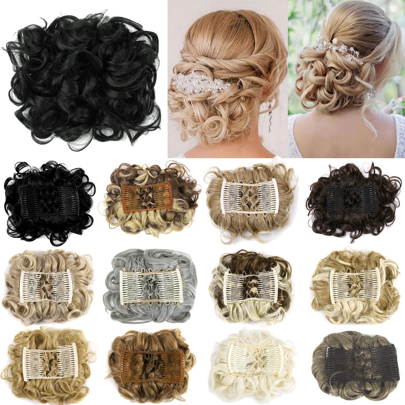 FXTYK Short Messy Curly Dish Hair Bun Extension Hair Bun Clip in Ponytail Extension Scrunchie Chignon Tray Ponytail Hairpieces For Women-Dark Black
