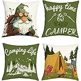 Joymaison Gnome Happy Camper Camping Life Throw Pillow Covers 18x18 Inch Set of 4 Mountain Tent Campfire Cushion Covers Outdoor Decor for Couch Cushion Cases