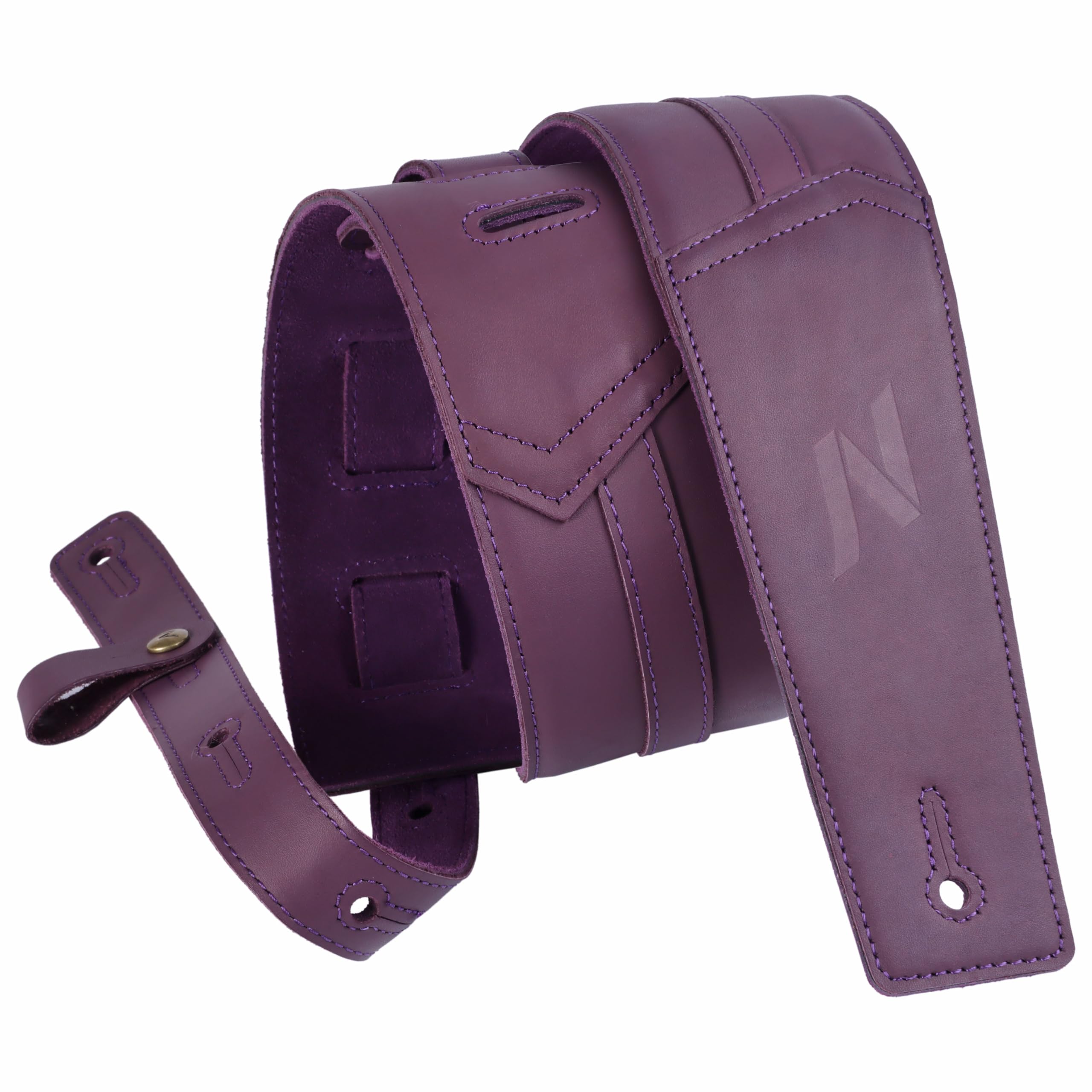 Nefelibata 3" Guitar Strap, Full Grain Leather, with Foam Padding and Cable Storage Loop, for Bass, Electric and Acoustic Guitars（Dark Purple）