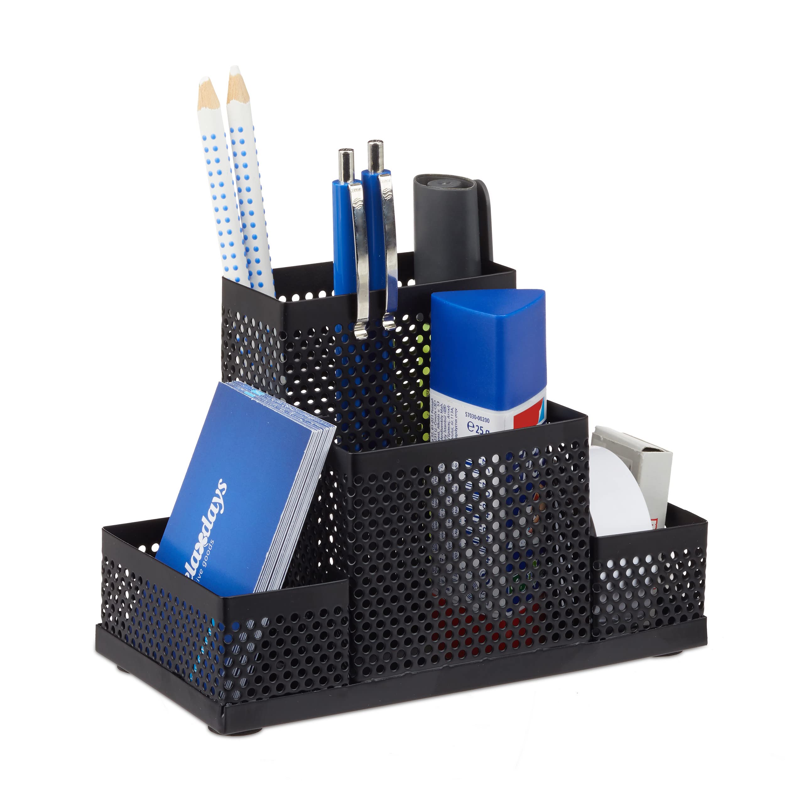 Relaxdays Metal Mesh Desk Organizer, Office Pen Holder, Stationery Supply Rack, H x W x D: 11x16x8 cm, Black, Steel, 11 x 16 x 8 cm