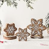 Pawliss Resin Christmas Table Decor: 3pcs Christmas Gingerbread Snowflake Ornaments, Sandy Brown & White Tabletop Centerpieces, Farmhouse Winter Holiday Home Office Mantel Decor Party Supplies Gifts