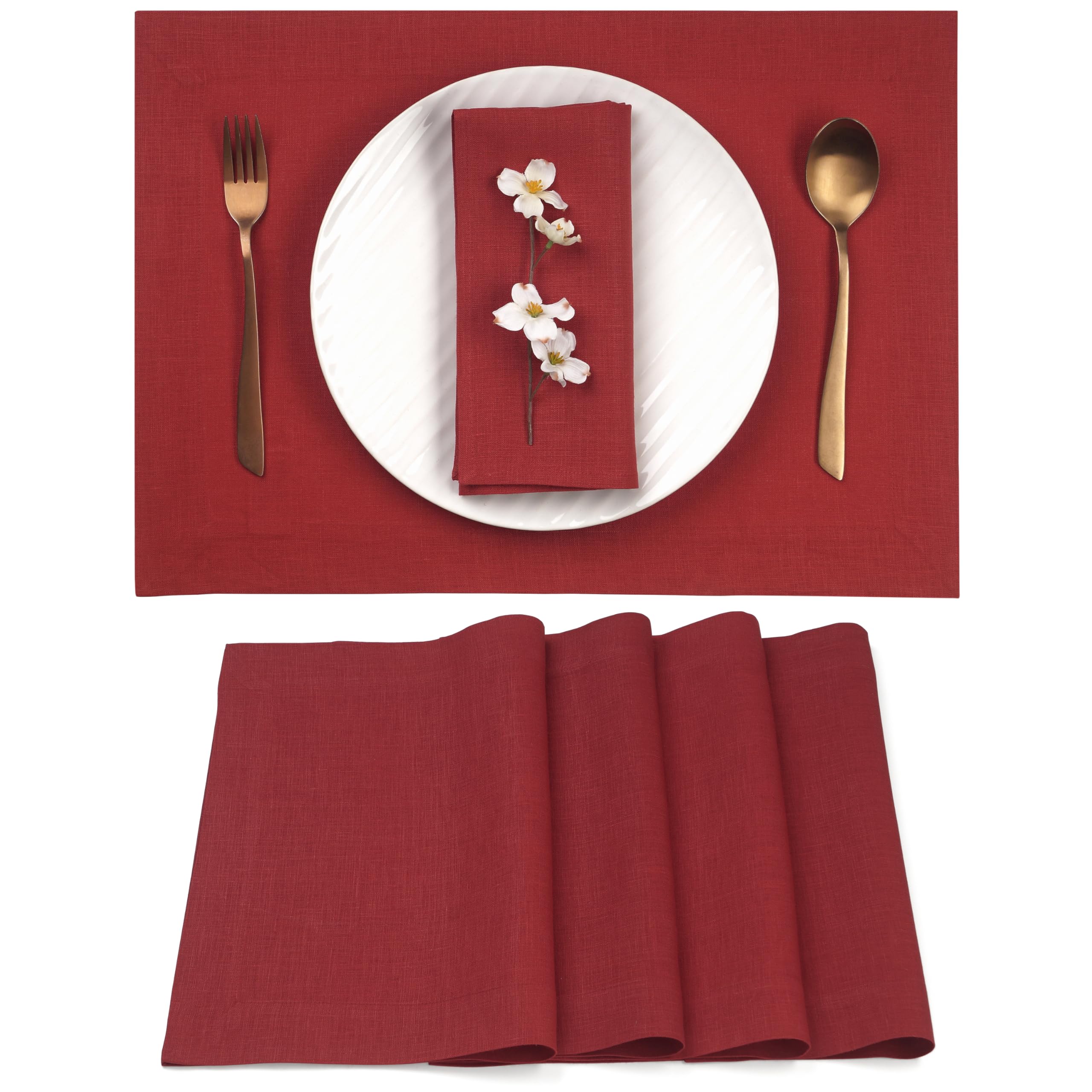 D'Moksha Homes Linen Placemats Set of 4-100% Pure Linen Red Placemats 14 x 19 Inch - Washable Red Placemats — image 1