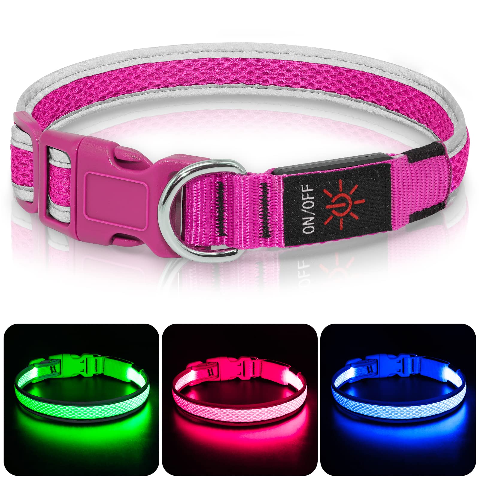 Colaseeme LED Dog Collar,Light Up Dog Collar Rechargeable Waterproof Micro USB Mesh Adjustable Plastic Buckle D Ring Glow Safety Basic Dog Collars for Dogs(Pink, M)