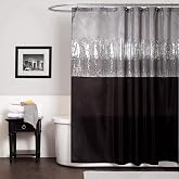 Lush Decor Night Sky Shower Curtain, Single, 72" W x 72" L, Black &amp; Gray - Sequin Shower Curtain - Sparkly Color Block Bath Curtain - Modern Glam Bathroom Decor
