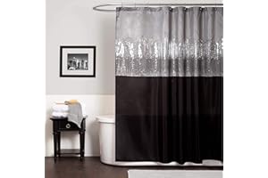 Lush Decor Night Sky Shower Curtain, Single, 72" W x 72" L, Black & Gray - Sequin Shower Curtain - Sparkly Color Block Bath Curtain - Modern Glam Bathroom Decor