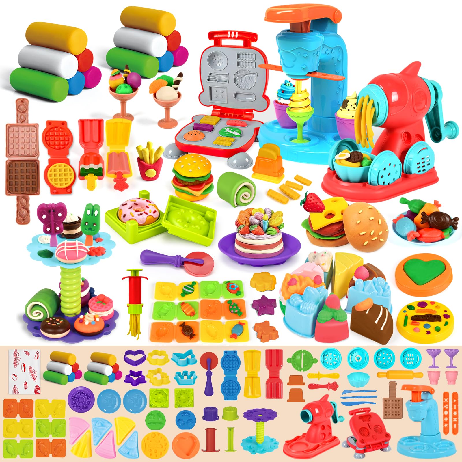 Photo 1 of Aprilwolf 75 PCS 4 in 1 Dough Sets for Kids Ages 3-4-8, Art Crafts Dough Tools Kit, Ice Cream Playset Noodle Hamburger Maker Machine Dessert Rack, Kitchen Creations Food Play Toys Toddlers Boys Girls