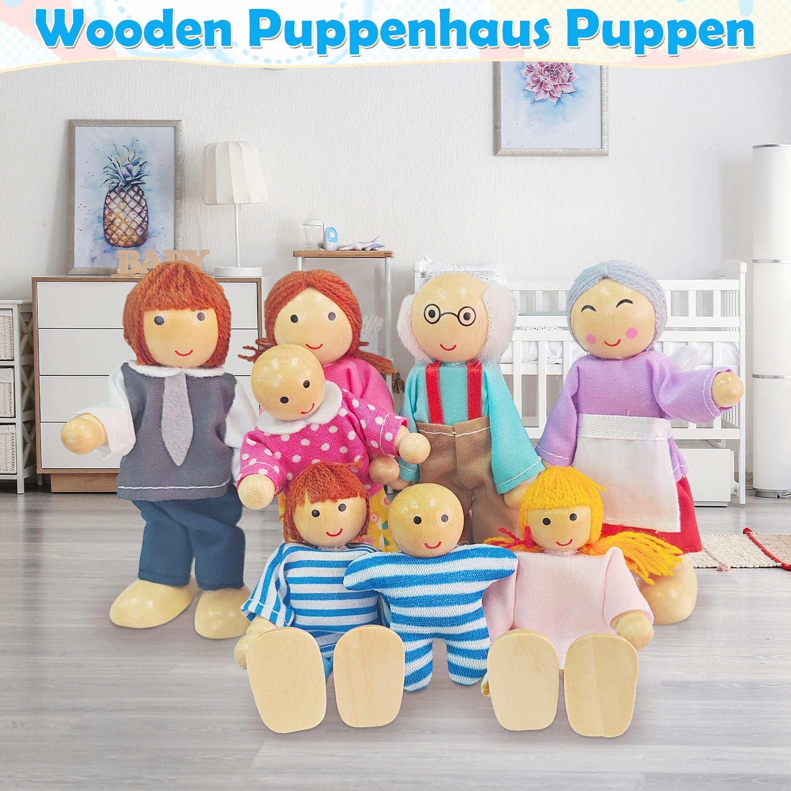 Ruikdly Puppenhaus Puppen - 13 Stück Holz Familie Set mit Katze und Hund, Figuren Biegepuppen Puppen Familie Set für Puppenhaus Zubehör Spiel Haus Geschenk 3