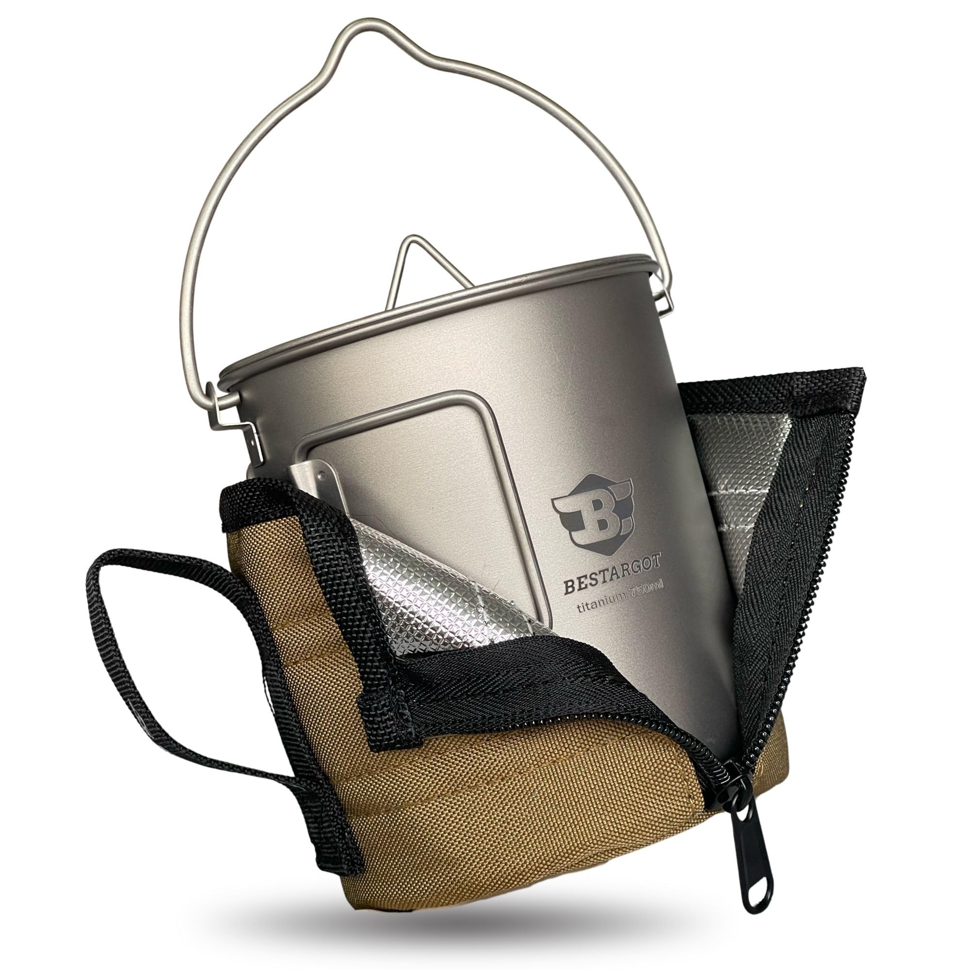 Photo 1 of Bestargot Camping Titanium Pot, 750ml Outdoor Cup with Insulation Cup Carrier, Titanium Camping Drinkware, 132g Lightweight and Large Capacity (750 titanium)