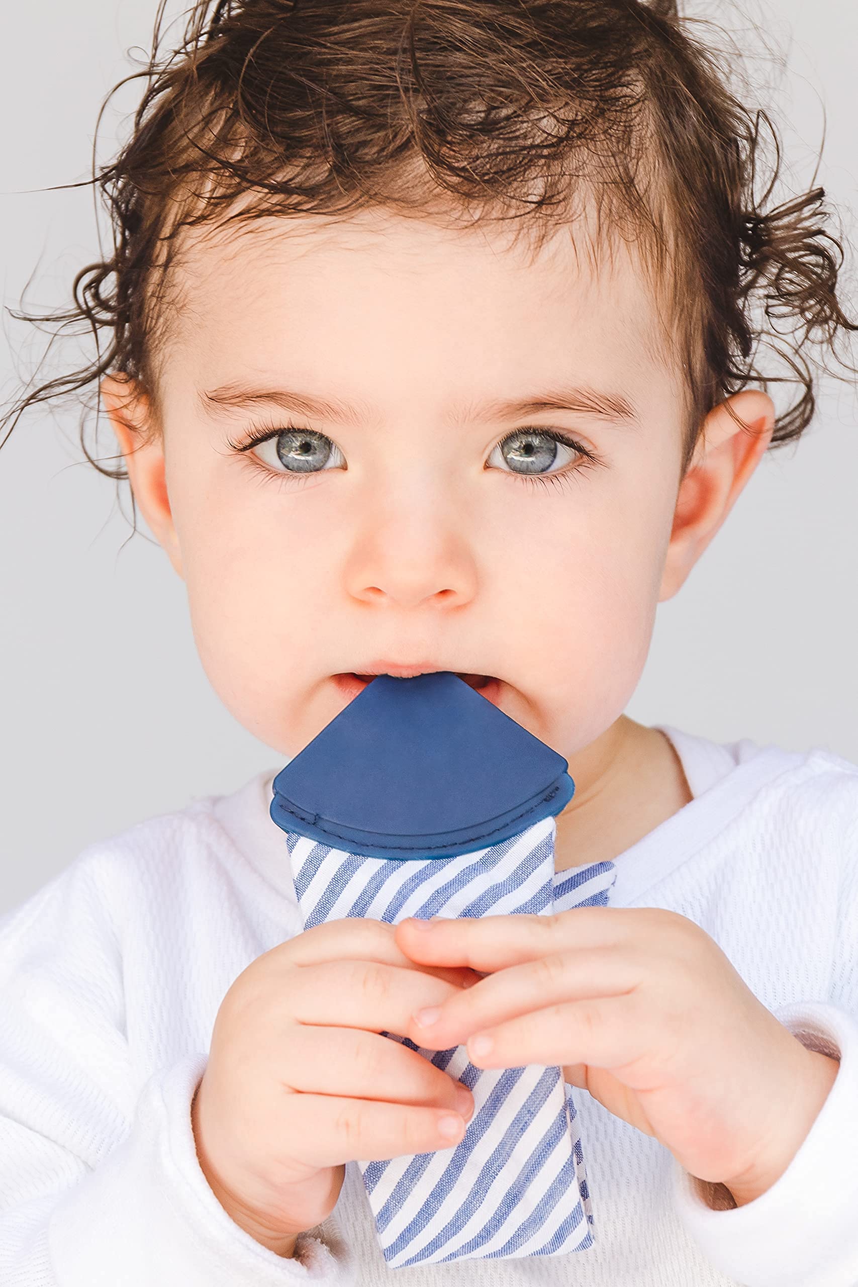 Tie Teether - The Perfect, Teething Solution. Baby Safe Clip on, Stimulating Sound. Machine Washable. Food Silicone (Navy)