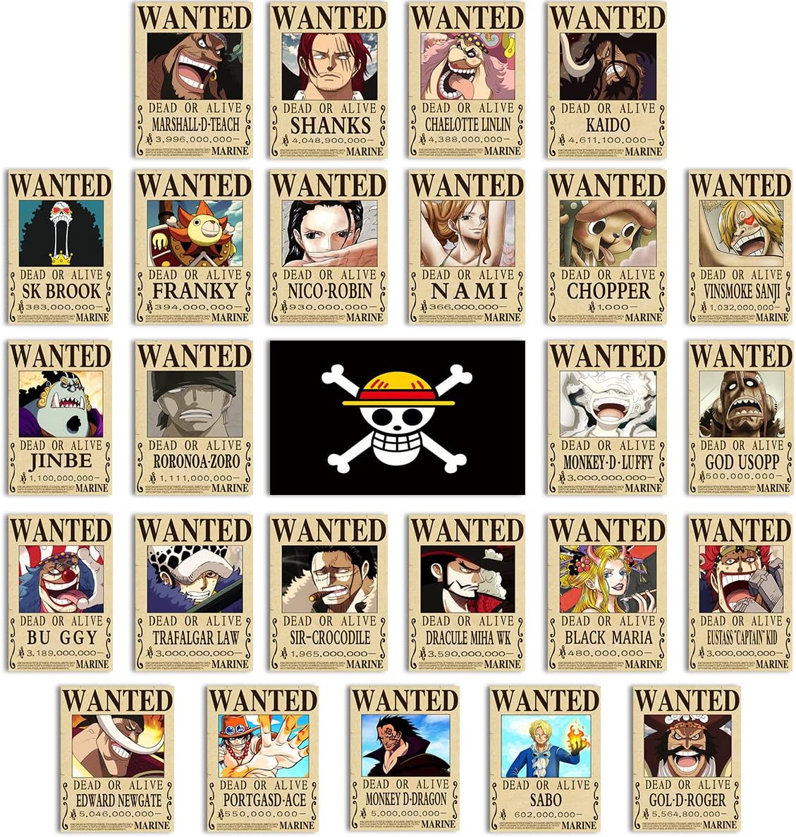 Wall Décor - CNMLGB 26 PCS Anime Nika Luffy 3 billion Wanted Bounty Paper Poster Zoro Sanji Nami Usopp Chopper Robin Franky Brook Jinbei 1 PC Flag for Boys Girls Room Decoration (11×8 in)
